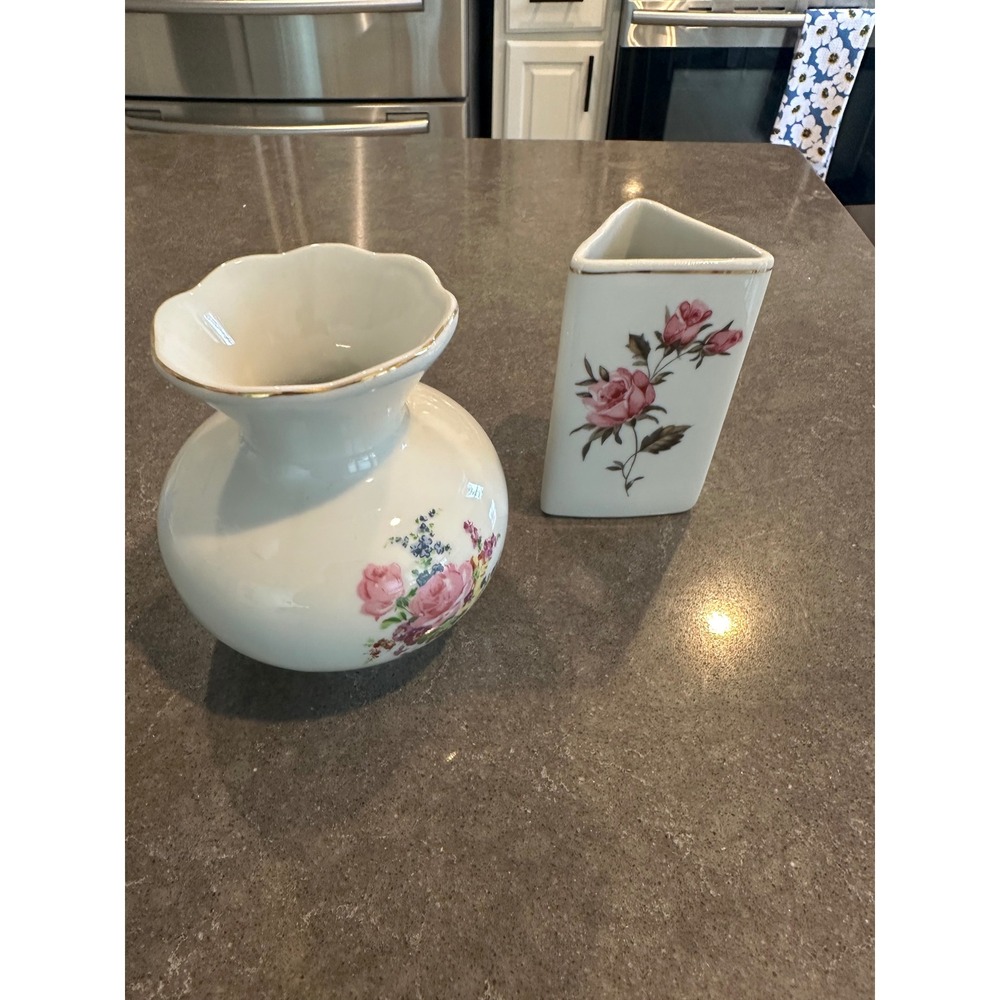 Vintage Porcelana Schmidt Brazil by Leart Floral Porcelain Vase Set Gold Trim